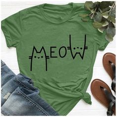 Meow Cat T Shirt Women's | Thekittenpark Cat Tee Shirts, Cute Shirt Designs, Cat Tee, Cat T Shirt, Cricut Creations, Cat T, Green Pattern, Kawaii Clothes, Cute Tshirts