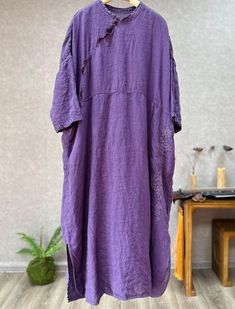 "【Fabric】 Linen 【Color】 purple, beige, brick red 【Size】 Unlimited shoulder width Shoulder + sleeve length 51cm/ 20\" Bust 146cm / 57\" Length 120cm / 47\" Note: the effect of each monitor is different, there will inevitably be color difference, please pay attention to the buyer. Washing & Care instructions: -Hand wash or gently machine washable do not tumble dry -Gentle wash cycle (40oC) -If you feel like ironing (although should not be necessary) , do it with steam or while the dress is still s Long Casual Purple Dress, Casual Long Purple Dress, Elegant Purple Tunic Dress, Purple Short Sleeve Maxi Dress, Long Lagenlook Dress For Daywear, Spring Purple Tunic Maxi Dress, Purple Tunic Dress For Summer, Purple Tunic Summer Dress, Summer Purple Tunic Dress