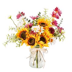 a bouquet of sunflowers and daisies in a glass vase on a white background