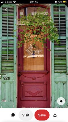 a red door with green shutters and a potted plant