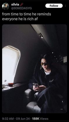 a man sitting in an airplane looking at his cell phone and texting, from time to time he reminds everyone he is rich aff