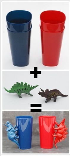 three different cups with dinosaurs in them and one is red, the other has blue