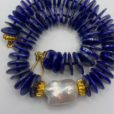 18 inch Large Lapis Lazuli Disc Beaded Necklace w/ AAA, stunning Baroque Pearl, blue seed bead Spacer Beads and Gold Vermeil Accent Bead & Clasps. Adjustable Blue Pearl Necklace With Polished Beads, Adjustable Polished Blue Pearl Necklace, Elegant Hand-strung Blue Beaded Necklaces, Elegant Blue Hand-strung Beaded Necklaces, Lapis Lazuli Jewelry, Lapis Lazuli Beads, Unusual Jewelry, Creative Jewelry, Jewelry Projects