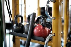 kettles and barbells in a gym setting