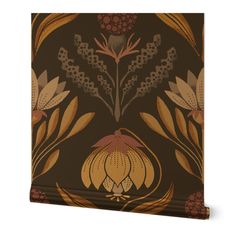 a brown and orange wallpaper with flowers on it