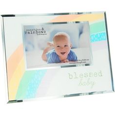 a glass frame with a baby's photo on the front and bottom, in rainbow colors