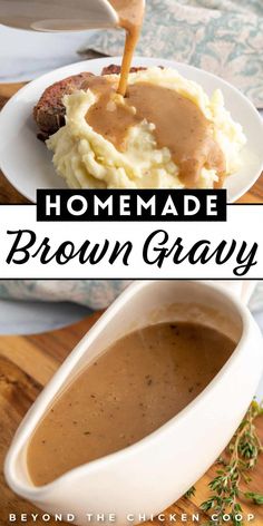 homemade brown gravy is being poured over mashed potatoes