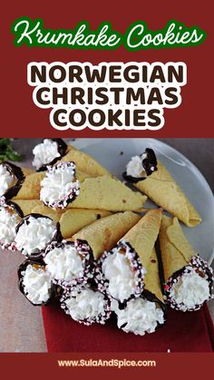 Krumkake Cookies (Krumkaker)- Norwegian Christmas Cookies Cookie Cone, Norwegian Christmas Cookies, Rosettes Cookie Recipe, Norwegian Cookies, Norwegian Waffles, Christmas Cookie Tray, Rosette Cookies, Norwegian Christmas, Cookie Platter