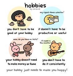 an image of cartoon characters with words describing hobies and how to use them for advertising