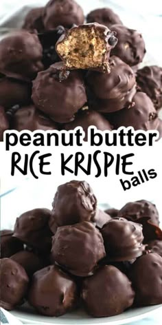 chocolate peanut butter rice krispie balls on a white plate with the title above it