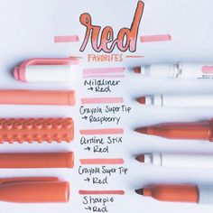 the different types of red and white pens are lined up on top of each other