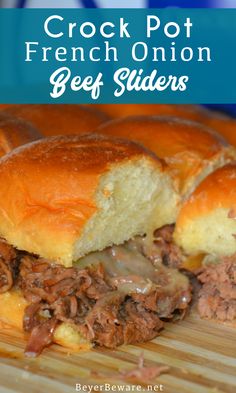 crock pot french onion beef sliders on a cutting board with text overlay