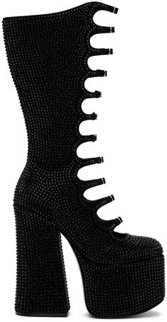 Calf-high suede boots in black. · Crystal-cut detailing throughout · Pin-buckle straps at vamp · Zip closure at inner side · Buffed leather lining · Covered platform midsole · Block heel with rubber injections · Smooth leather sole · Heel: H6 · Platform: H3 Supplier color: Black/Black Gothic Party Boots With Buckle Closure, Suede Platform Boots For Party, Evening Heeled Boots With Rhinestones, Party Heeled Leather Boots With Rhinestones, Luxury Black Boots With Rhinestones, Edgy Heeled Boots With Buckle Closure For Evening, Leather Rhinestone Boots For Evening, Black Rhinestone Boots For Evening, Black Evening Boots With Rhinestones