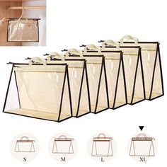 six bags with handles hanging from the ceiling and four totes in different sizes, all lined up