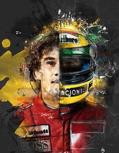 a painting of a man with a helmet on top of his head and the image of a race car driver behind him