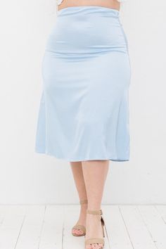 Satin midi length slip skirt Elastic waistband Available in Dream Blue and Dusty Pink Midi-length Bottoms With Elastic Waistband And Stretch, Stretch Bottoms With Elastic Waistband And Midi Length, Stretch Midi Bottoms With Elastic Waistband, Spring Stretch Midi Length Pencil Skirt, Stretch Flared Pencil Skirt, Spring Stretch Midi Skirt Bottoms, Stretch Midi-length Lined Skirt, Stretch Midi Length Lined Skirt, Stretch Midi Lined Skirt