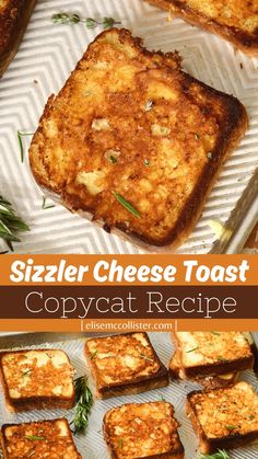 some toasted cheeses are sitting on top of a sheet of baking paper with the words, sizzler cheese toast copycat recipe