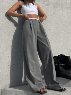 Contrast Waist Gray Baggy Tailored Pants - AnotherChill Outfit 2023, Workwear Vintage, Trouser Outfits, Vintage Preppy, Cami Crop Top, Niche Design, Tailored Pants, Grey Pants, Wide Legs