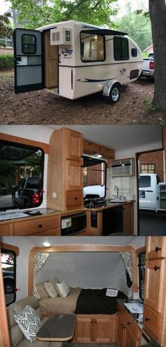 the interior and exterior of an rv with wood trimmings, windows, and doors