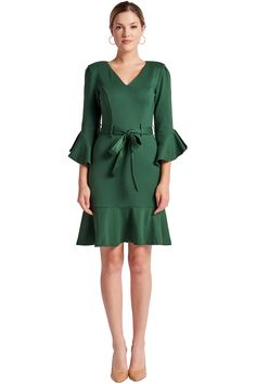 Go from desk to dinner looking like a green goddess in our Tayte Dress, from its flattering v-neck to the subtle shoulder pads, a self belt to nip your waist, topped off with ruffle bell sleeves and ruffle skirt hem, and enhanced with touches of satin. The Tayte Dress accentuates, contours and flatters in all the right places. Pair it with some nude, camel or even leopard shoes and you will sure be envied! ﻿ Fabrication, shell: rayon / nylon / spandex Ponte Contrast: poly / spandex satin Lining: Mandarin Dress, Mermaid Midi Dress, Bianca Dress, Quarter Sleeve Dress, Three Quarter Sleeve Dresses, Leopard Shoes, Ruffle Bell Sleeve, Ponte Dress, Green Goddess