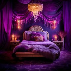 a bed with purple sheets and pillows under a chandelier in a bedroom decorated with candles