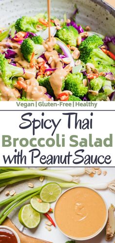 broccoli salad with peanut sauce in a pan