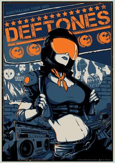 a woman with an orange helmet is standing in front of a poster that says deftones