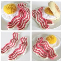 four different pictures of an egg and bacon on a white plate with red and yellow yarn