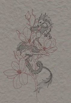 a drawing of flowers and a bird on a piece of paper