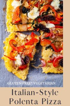 This Italian style gluten-free pizza has a healthy alternative pizza crust made from polenta. It's topped with simple ingredients like sauteed garlic, scallions, sweet bell peppers, dandelion greens, and sun-dried tomatoes—finger-licking good! #polentarecipes #vegetarian #pizza Healthy Pizza Toppings, Recipes Using Cream Cheese, Polenta Pizza, Dandelion Greens, Polenta Recipes, Vegetarian Italian, Sweet Bell Peppers, Pizza Recipes Easy, Flat Breads