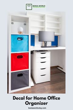 a white desk with drawers and a computer on it