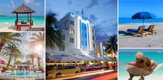 four different pictures show the beach, hotels and palm trees in various locations around the world