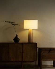 a table lamp sitting on top of a wooden dresser next to a vase with a plant in it