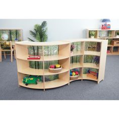 the children's bookcase is made out of wood and has three shelves with toy cars on them