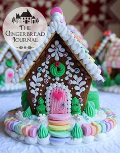 a gingerbread house is decorated with icing