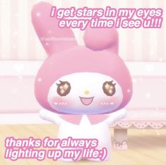 a pink bunny with brown eyes standing in front of a white bench and text that reads, i get stars in my eyes every time i see u thanks for always