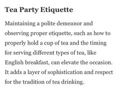 the tea party etiquette is shown in black and white, with words describing it