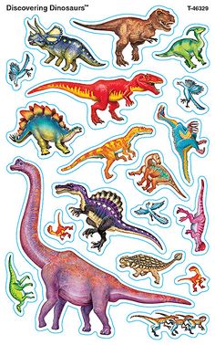 an assortment of dinosaur stickers on a white background with the words, discovering dinosaurs