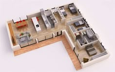 an overhead view of a floor plan with furniture and kitchen area in the center,