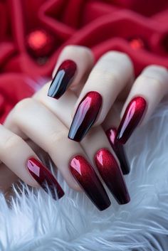 Baddy Nails, Vampy Nails, Red Chrome Nails, Black Ombre Nails, Red Ombre Nails, New Year Nails, Black Nails With Glitter, Summer Nail Ideas, Spring Nail Designs