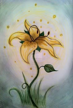 a drawing of a yellow flower with green leaves and bubbles in the sky behind it