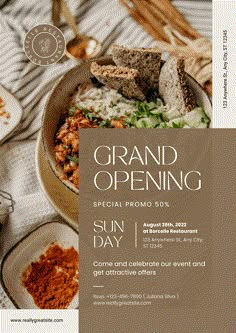 the grand opening flyer is displayed on a table with food and utensils in it