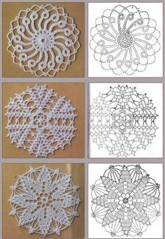 four different pictures of doily designs in white and black on a beige background, each with an individual's own design