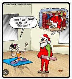 a cartoon depicting santa claus doing yoga with a woman on the floor in front of him