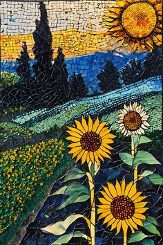 the sunflowers are painted on mosaic tiles