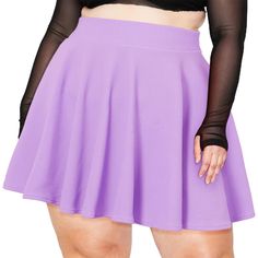 Look your best this season with this stylish high waisted skater skirt! This plus size skirt features a classic lavender hue with a flattering fit. Stretch Mini Length Solid Color Tennis Skirt, Stretch Mini-length Tennis Skirt In Solid Color, Mini Length Stretch Tennis Skirt In Solid Color, Purple Stretch Mini Skirt, Casual Stretch Purple Mini Skirt, Casual Purple Stretch Mini Skirt, Casual Stretch Purple Skirt, Purple Stretch Mini Length Bottoms, Stretch Purple Mini Length Bottoms