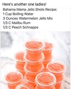 orange cups stacked on top of each other with the words here's another one ladies banana mama jello shots recipe