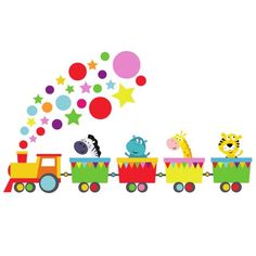 a cartoon train with animals riding on it