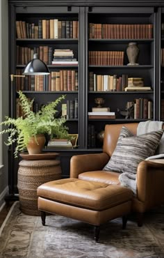 a leather chair and ottoman in front of a bookcase with books on it's shelves