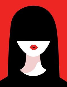 a woman with long black hair and red lipstick on her face is shown in this minimalist poster